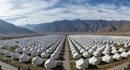 Vast Expanse of White Tents Nestled in a Mountain Valley under a Bright Sky: A Breathtaking Panorama of a Temporary Settlement