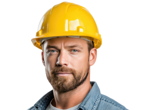 Construction Worker's Serious Gaze: A close-up portrait of a focused construction worker, wearing a yellow safety helmet, his expression serious and determined, reflecting the dedication to the job.
