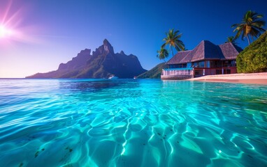 Obraz premium Crystal clear turquoise water, overwater bungalows, palm trees, and a mountain under a bright sunny sky-tropical island paradise.