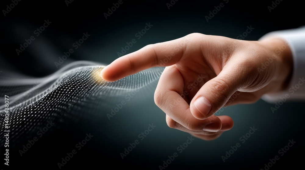 Poster futuristic interaction digital realm hand touching light wave virtual environment close-up view mode