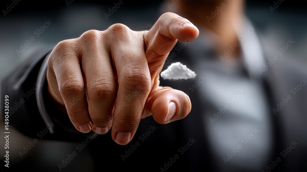Poster cloud computing concept businessman pointing at cloud modern office environment close-up view digita