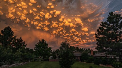 Fototapeta premium Strange, Pouch-Like Formations of Mammatus Clouds, Underlit by a Sunset