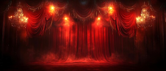 Red stage curtains, lights, theater