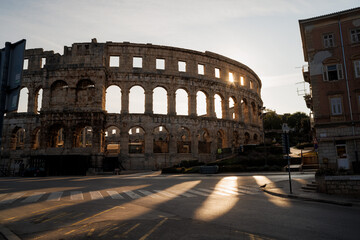 Ancient ruins of the Roman Amphitheatre, Istria peninsula. Pula, Croatia.