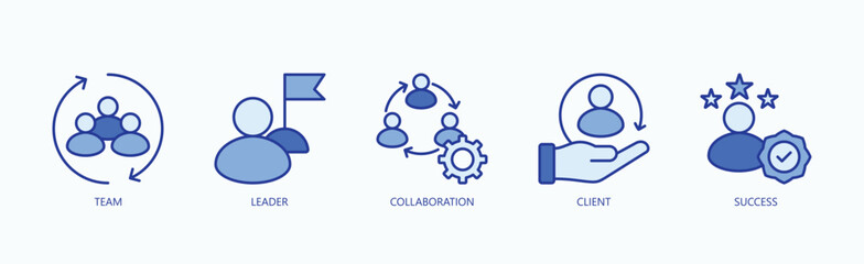 Team Dynamics Icon Set Isolated Vector With Icon Of Team, Leader, Collaboration, Client, Success In Blue Style
