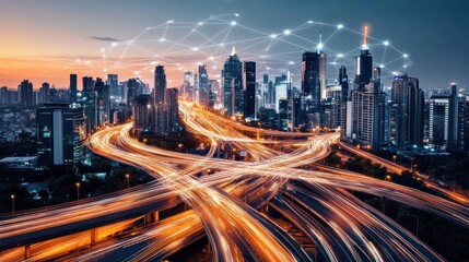 Fototapeta premium Modern city highway network, connected by digital lines