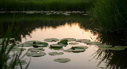 Sunset pond with lily pads