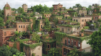 Fototapeta premium Lush overgrown urban buildings covered in greenery.