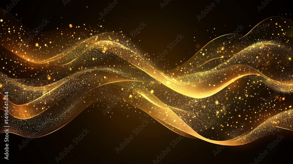 Poster abstract golden glitter wave background. dark background with sparkling particles and smooth curves.