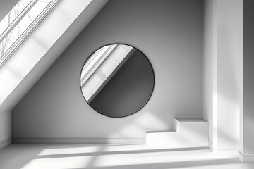 Minimalist Room, Modern White Interior with Round Mirror & Bright Sunlight, Architectural Space