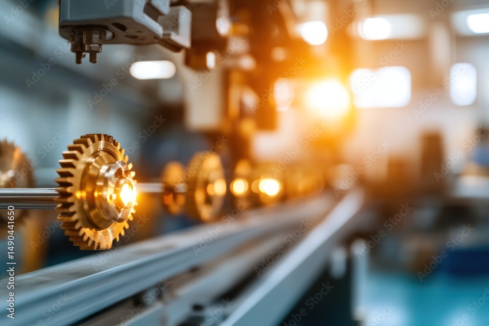 Poster precision manufacturing golden gears on automated assembly line mechanical engineering