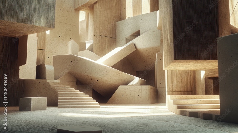 Poster abstract concrete architecture interior. sunlight streams through irregular concrete structures