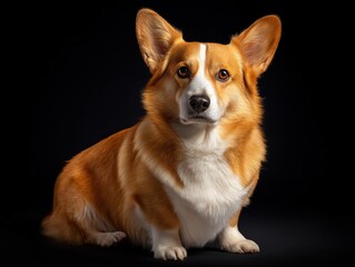 A beautiful corgi dog sits patiently against a stark black background, awaiting a command or treat.