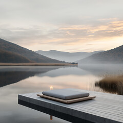 Serene lake sunrise with tranquil dock.