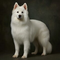 Fototapeta premium Majestic White Dog: Fluffy companion posing elegantly in a studio, showcasing its beautiful white fur.