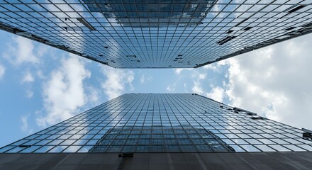Fototapeta premium Upward Perspective of Two Glass Skyscrapers Reflecting Sky and Clouds