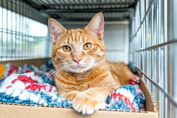 Charming orange tabby cat resting comfortably in a cozy kennel, showcasing its playful nature and vibrant eyes while surrounded by colorful blankets and a serene environment.