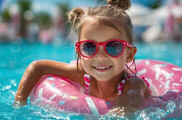 A little girl wearing pink and red sunglasses is playing in the swimming pool on an inflatable donut, splashing water with her feet.
