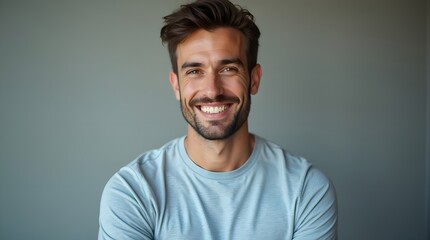 Obraz premium A smiling Caucasian man in a light blue shirt against a neutral background, exuding warmth and positivity.