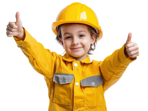 Future Builder: A child wearing a yellow hard hat and jumpsuit beams with pride, giving a double thumbs up. This captivating photo captures the spirit of a young aspiring engineer.