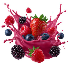 An image showing a vibrant splash of pink liquid with a variety of berries including strawberries, raspberries, blueberries, and blackberries. The image is isolated on a white background