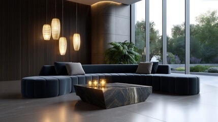 Contemporary living room with curved modular seating in plush velvet, sculptural lighting fixtures, and a statement coffee table made of stone and glass.