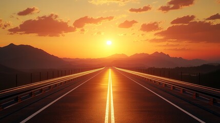 Fototapeta premium Symmetrical Highway to Horizon: Guardrail-Lined Road Stretching into Sunset-Lit Mountains. Empty Asphalt Path Vanishing into Distance. Photorealistic Automotive Advertisement Background with Unreal En