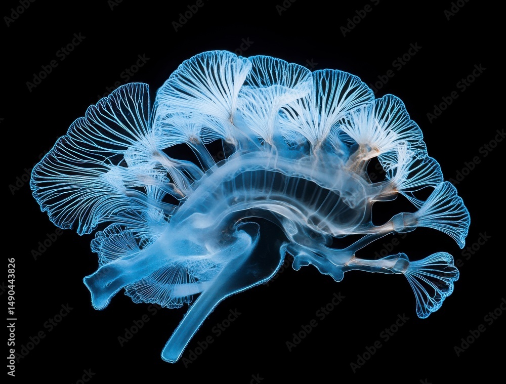 Poster abstract 3d rendering of a human brain neural network connections glowing blue and white on a black 