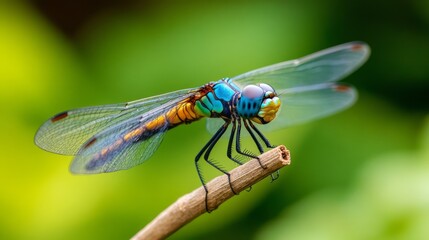 Colorful Dragonfly Perched on a Stick with Vibrant Green Background in Nature