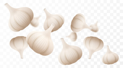 Falling garlic, isolated on transparent background, selective focus. Flying garlic cloves with blurry effect. Can be used for advertising, packaging, banner, poster. Realistic 3d vector illustration