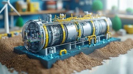 Fototapeta premium Detailed miniature model of a complex technological device, inside a room