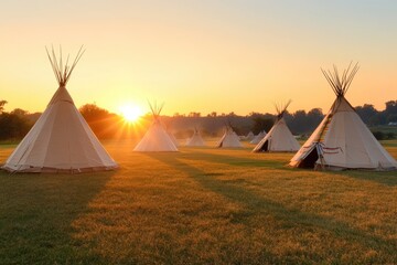 Teepees in meadow at sunrise traditional housing and peaceful nature scene