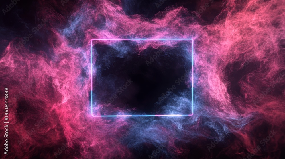 Poster abstract cosmic nebula background with glowing neon square frame