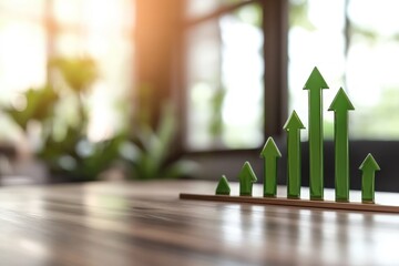 Positive growth trend concept with green arrows on wood surface representing business success and financial improvement