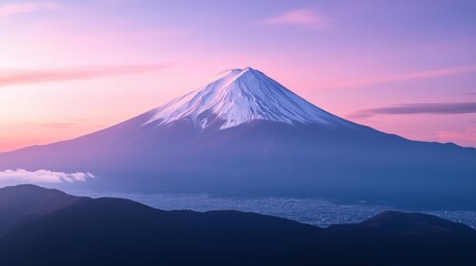 Fototapeta premium Majestic Mount Fuji at sunrise surrounded by soft pastel skies and tranquil landscapes in Japan