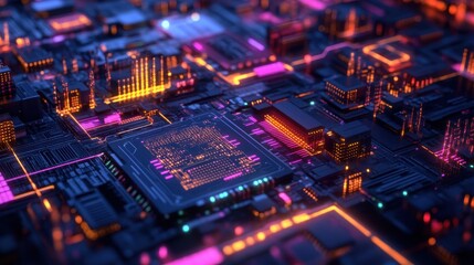 Obraz premium Circuit board with glowing components, illustrating technology, connectivity, and complex systems. Concept for computing, data processing, and digital infrastructure.
