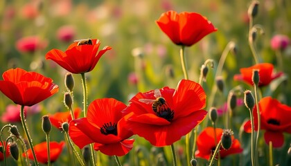 Vibrant red poppies glistening with morning dew, bee and butterfly on wildflower meadow, fresh, botanical