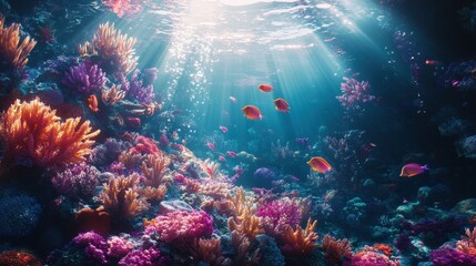 Colorful coral reef teeming with vibrant fish and sun rays shining through the water in a tropical ocean setting