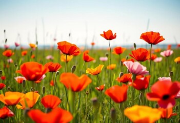 Fototapeta premium Vibrant red, orange, and pink poppies bloom in a sun-drenched Lancaster County field, idyllic, texture