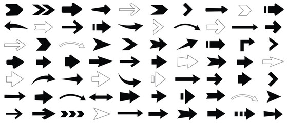 Set of arrow icons. Collection of different arrow set vector design. Arrows icon. Set of arrow outline. Arrows for web design. Cursor outline. Different shape and size pointer set. Black arrow icon.