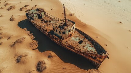 Aerial view of an old abandoned ship in the sand. Rusty shipwreck in the desert. Concept of travel, adventure, and environmental impact. Sand dunes and the remains of a vessel.