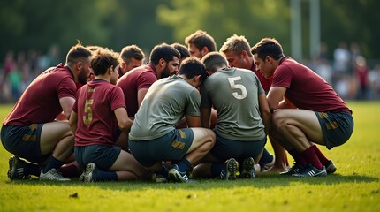A diverse group of male rugby players huddling together strategizing before a match, showcasing teamwork and focus.