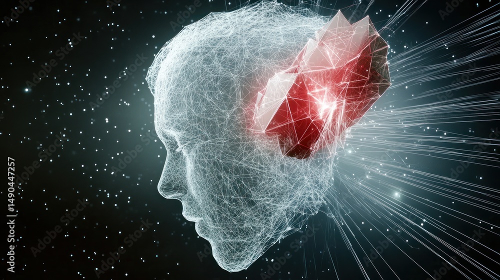 Aufkleber abstract digital head with a highlighted red crystal-like component emanating energy