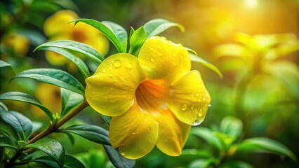 Obraz premium Thevetia Peruviana Yellow Flower In Leaves With Shimmering Dew