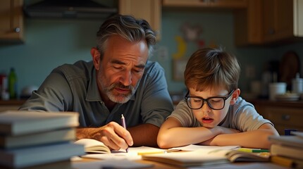 A focused elderly man helps a young boy with homework at a cozy kitchen table, highlighting their shared learning moment.