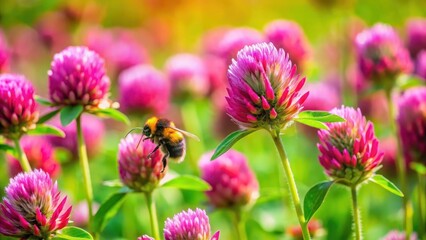 Fototapeta premium A vibrant red clover meadow with a busy bumblebee collecting nectar from the flowers, pollinator, outdoors, pollinator