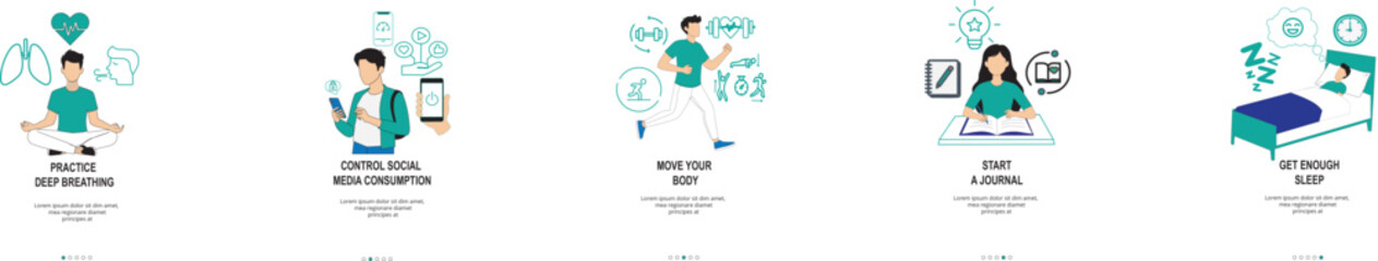 5 Effective Ways to Reduce Teen Anxiety onboarding mobile app page screen with concepts, flat vector template with RGB color illustrations