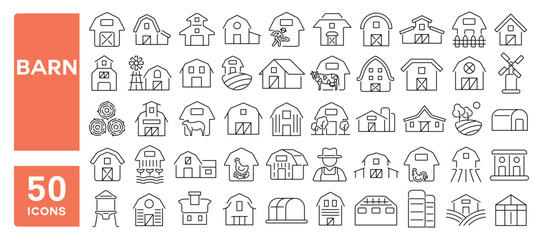 Set of 50 line icons related to barn, stable, shed, silo, hangar, paddock, ranch, farm, Editable stroke. Vector illustration
