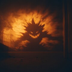 Spooky shadow of a monster projected on a wall.