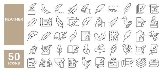 Set of 50 line icons related to feather, soft, filler, bird feather, quill, fluffy, plume, quill pen, Editable stroke. Vector illustration